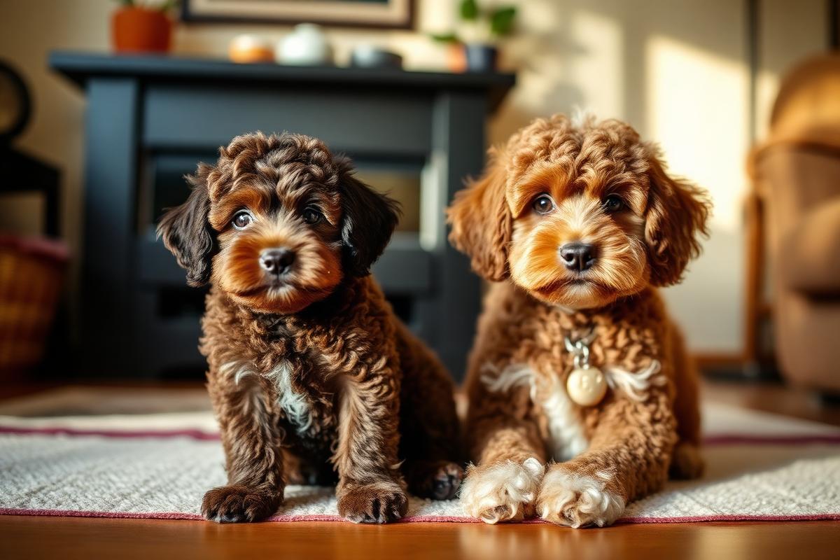 A poodle puppy beside an adult poodle on a rug