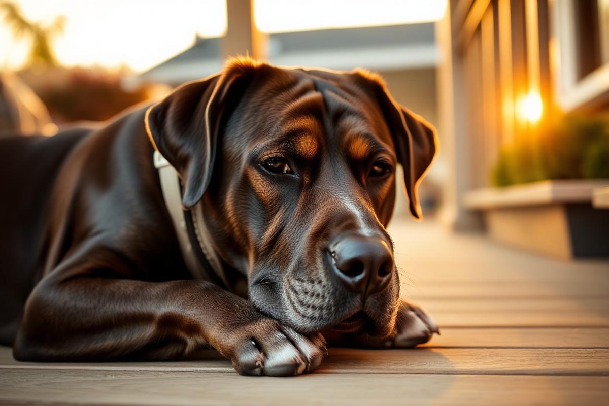 A senior labrador resting on a porch at golden hour