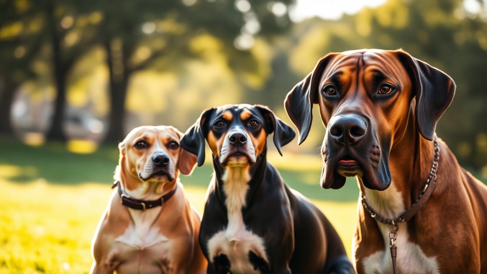 Three dog breeds of different sizes lined up in a sunlit park