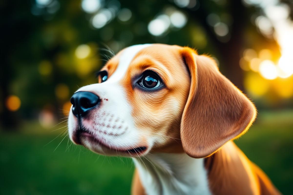 A curious beagle puppy looking up in a sunlit park
