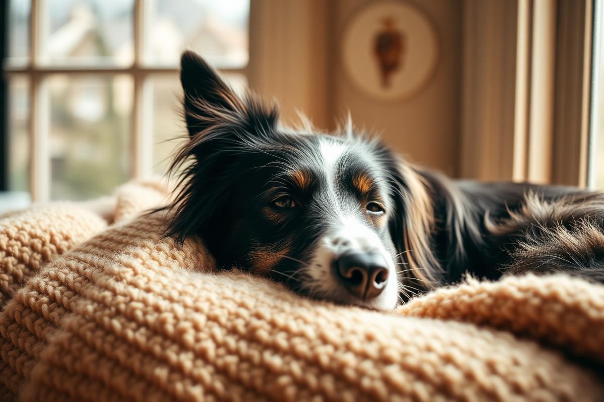 A senior border collie resting on a cozy blanket near a window