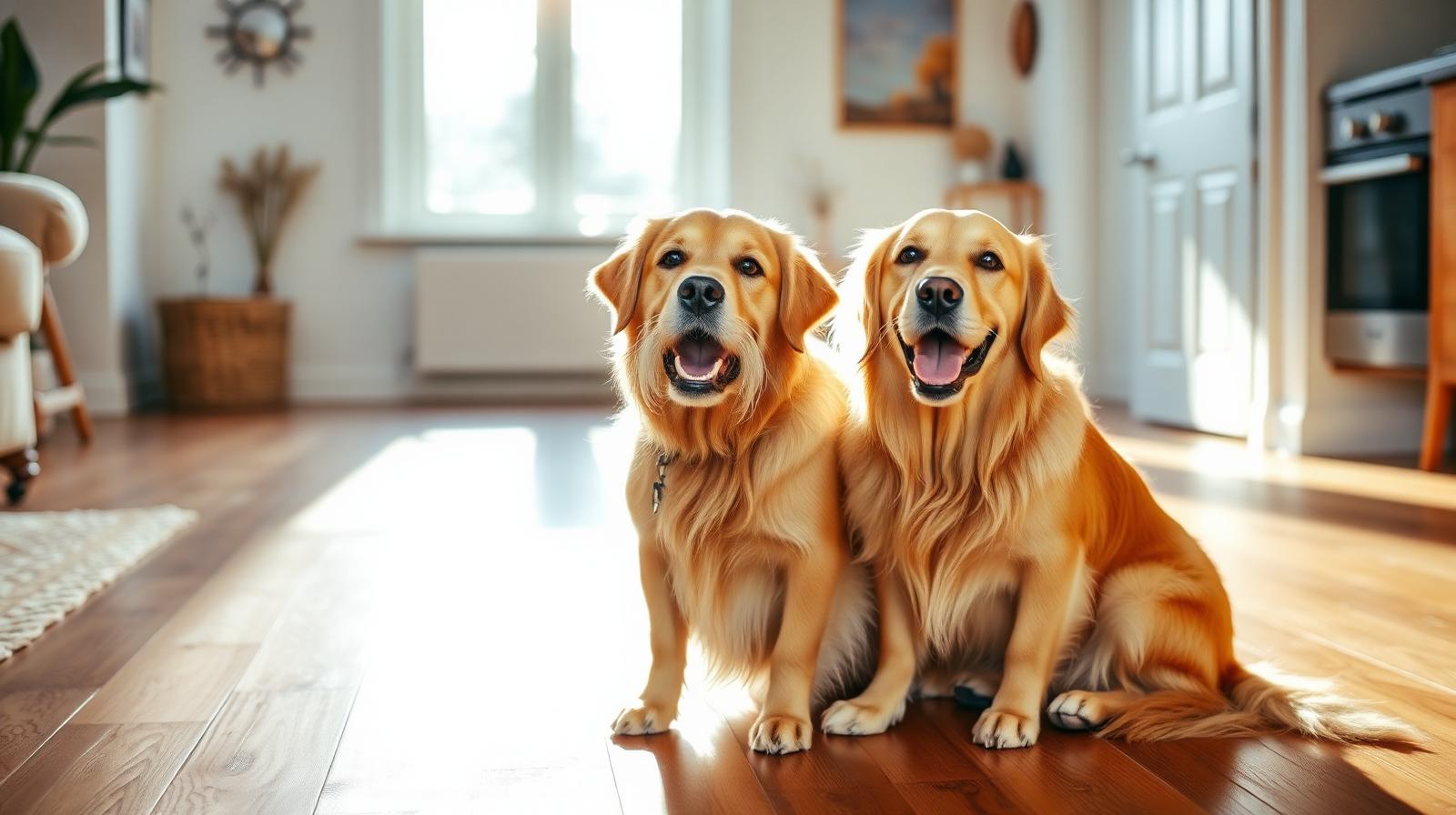A golden retriever and a small terrier sitting together in warm window light