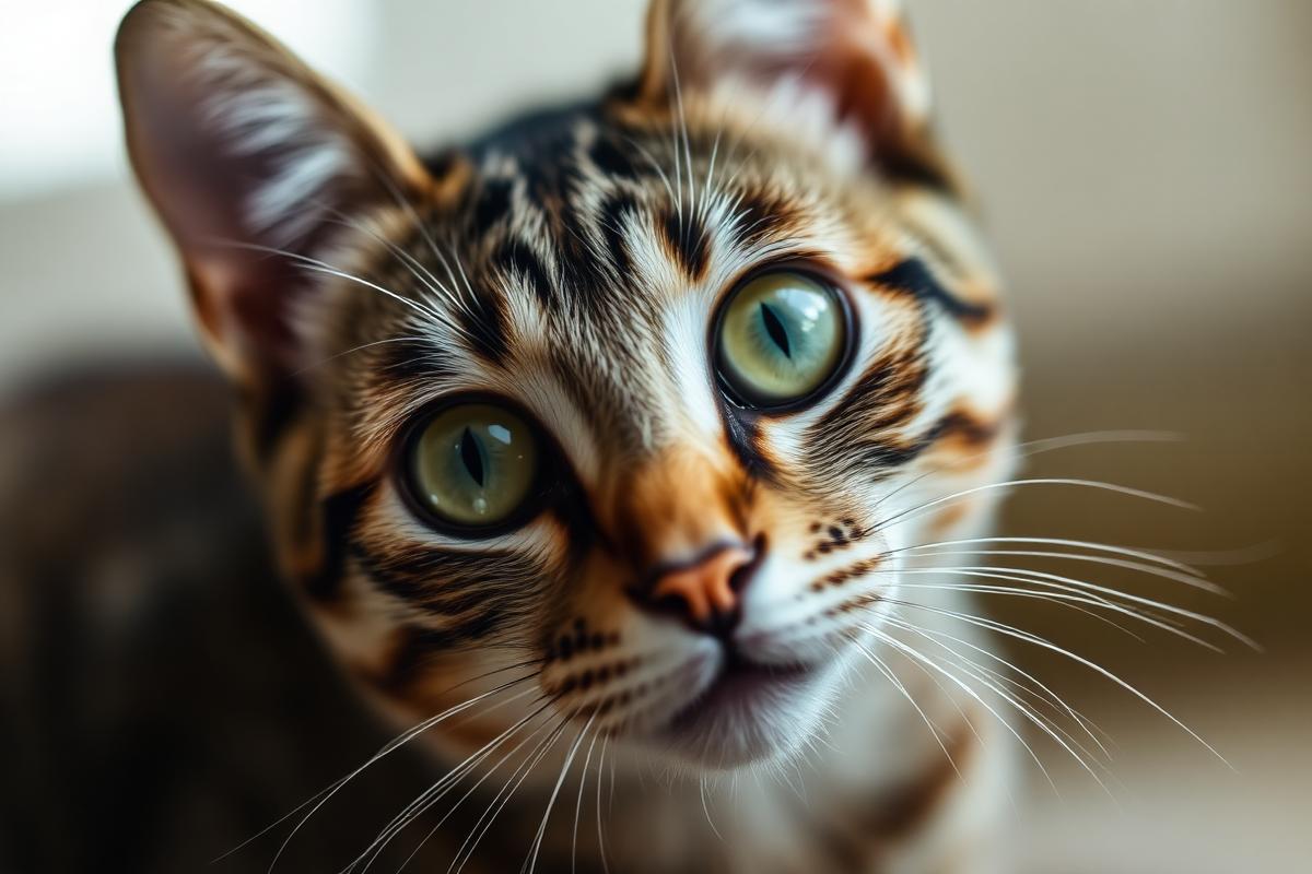 Close up of a tabby cat with green eyes