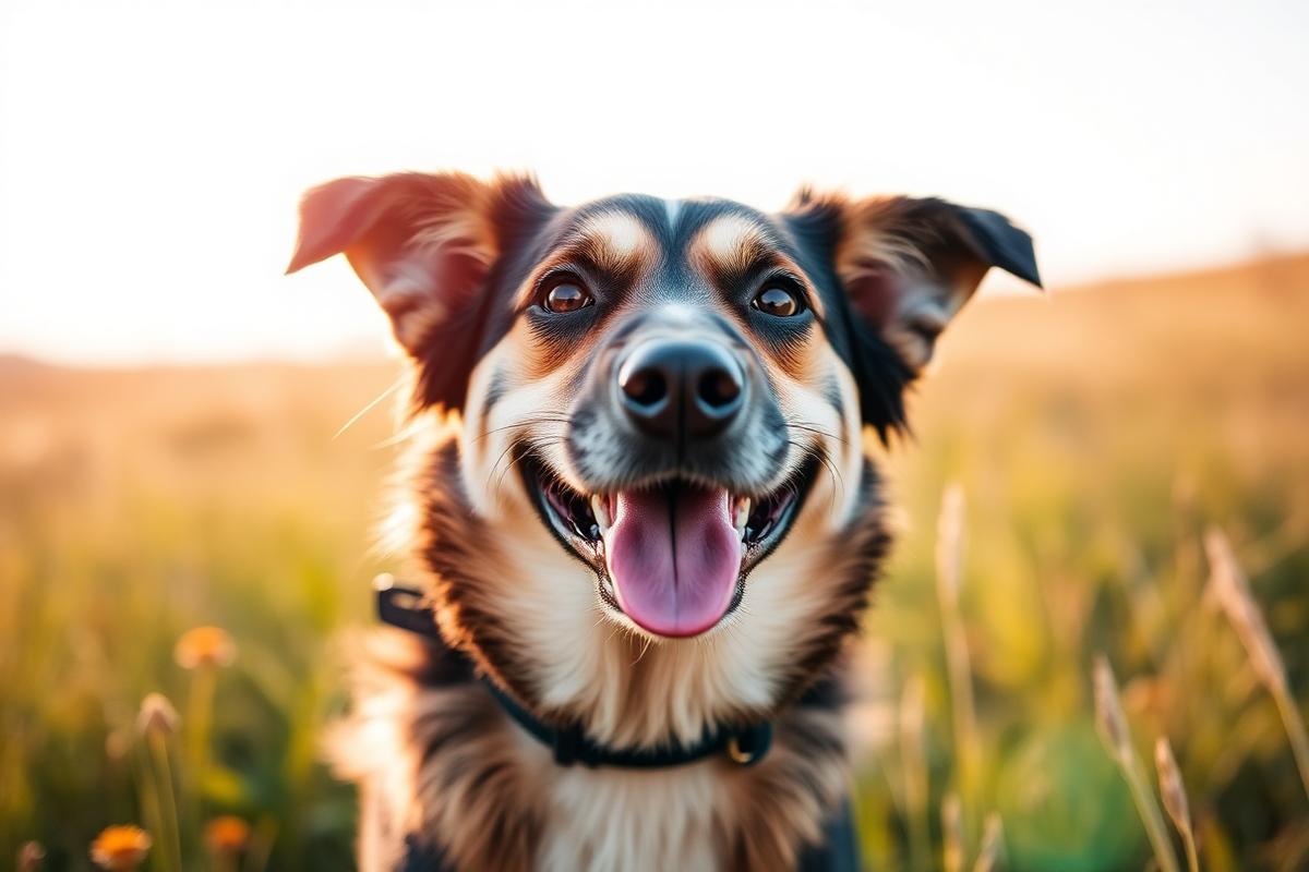 Smiling mixed breed dog in a sunny meadow