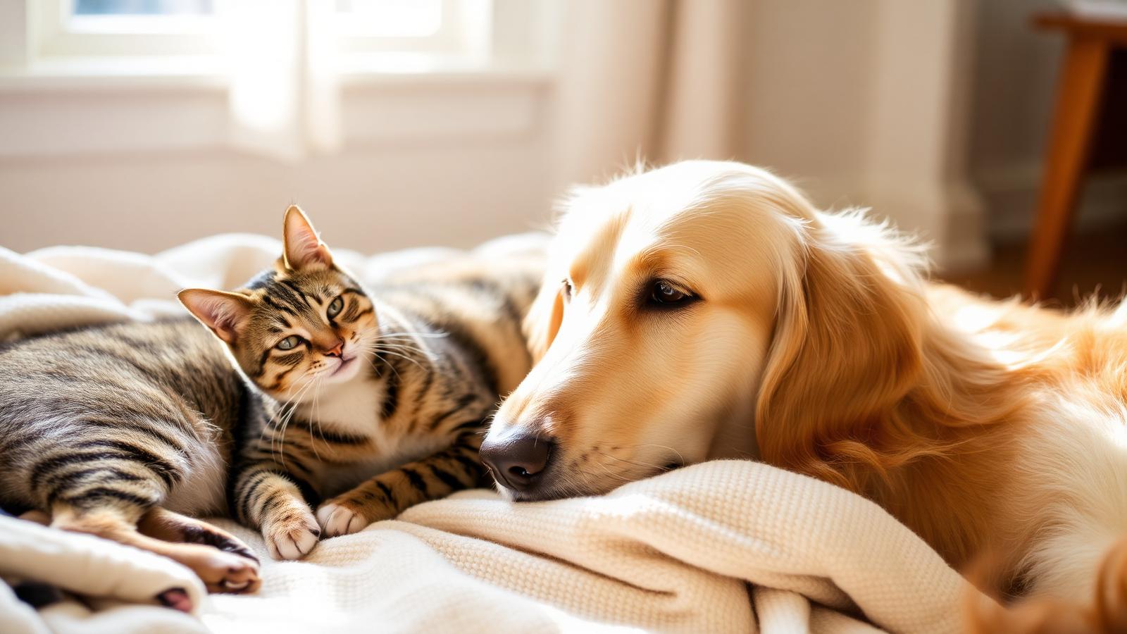 A tabby cat and a golden retriever lying together on a blanket