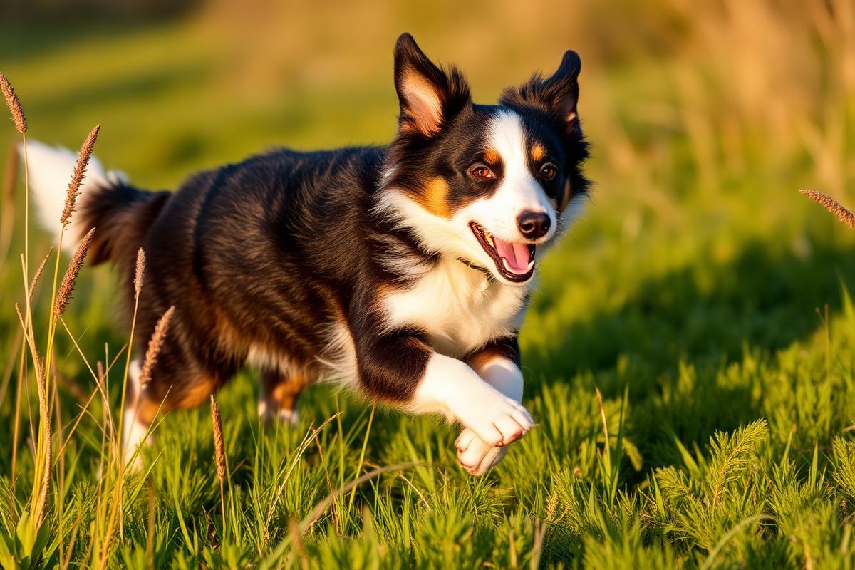 A young Border Collie running through grass