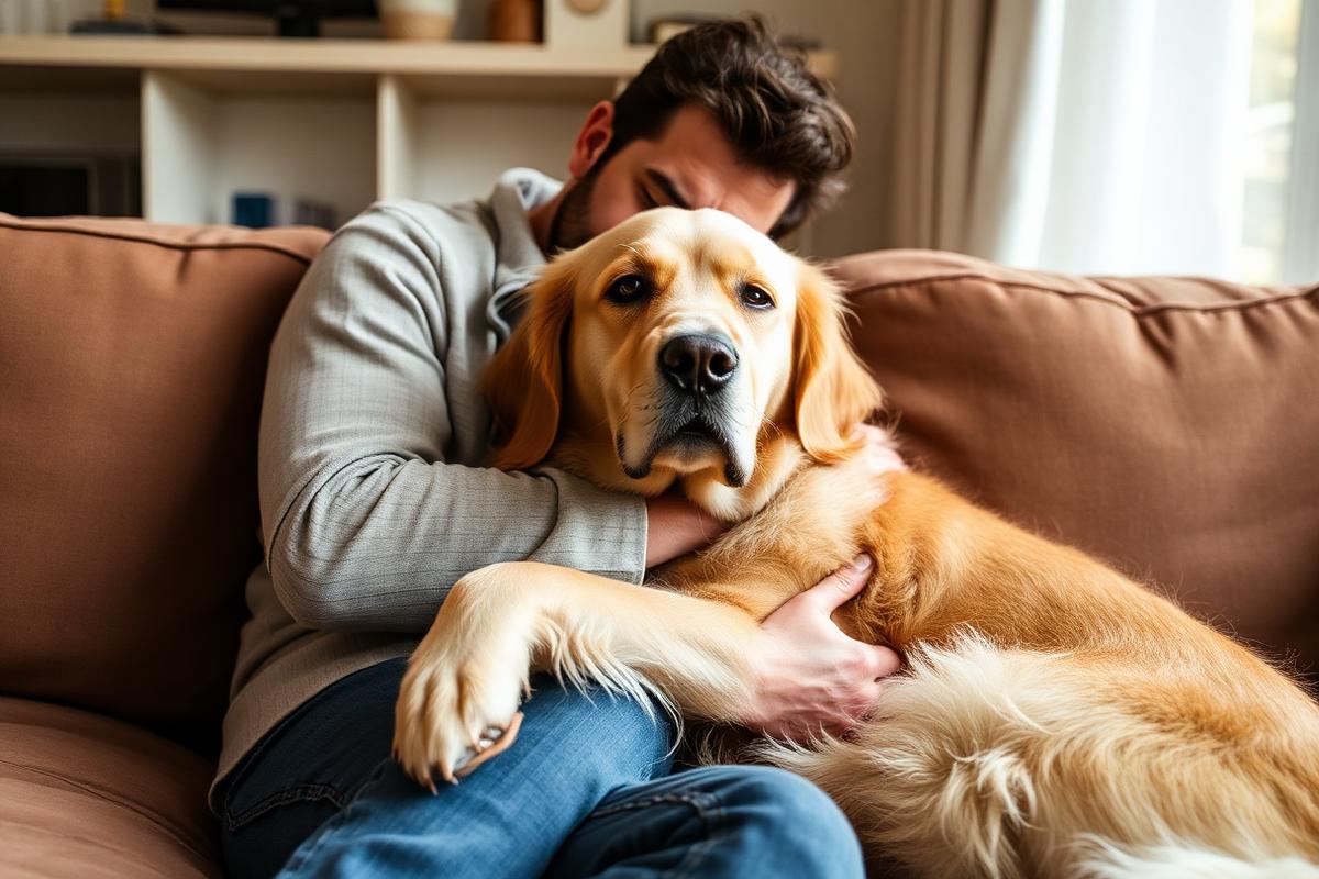 An owner cuddling their senior golden retriever on a couch