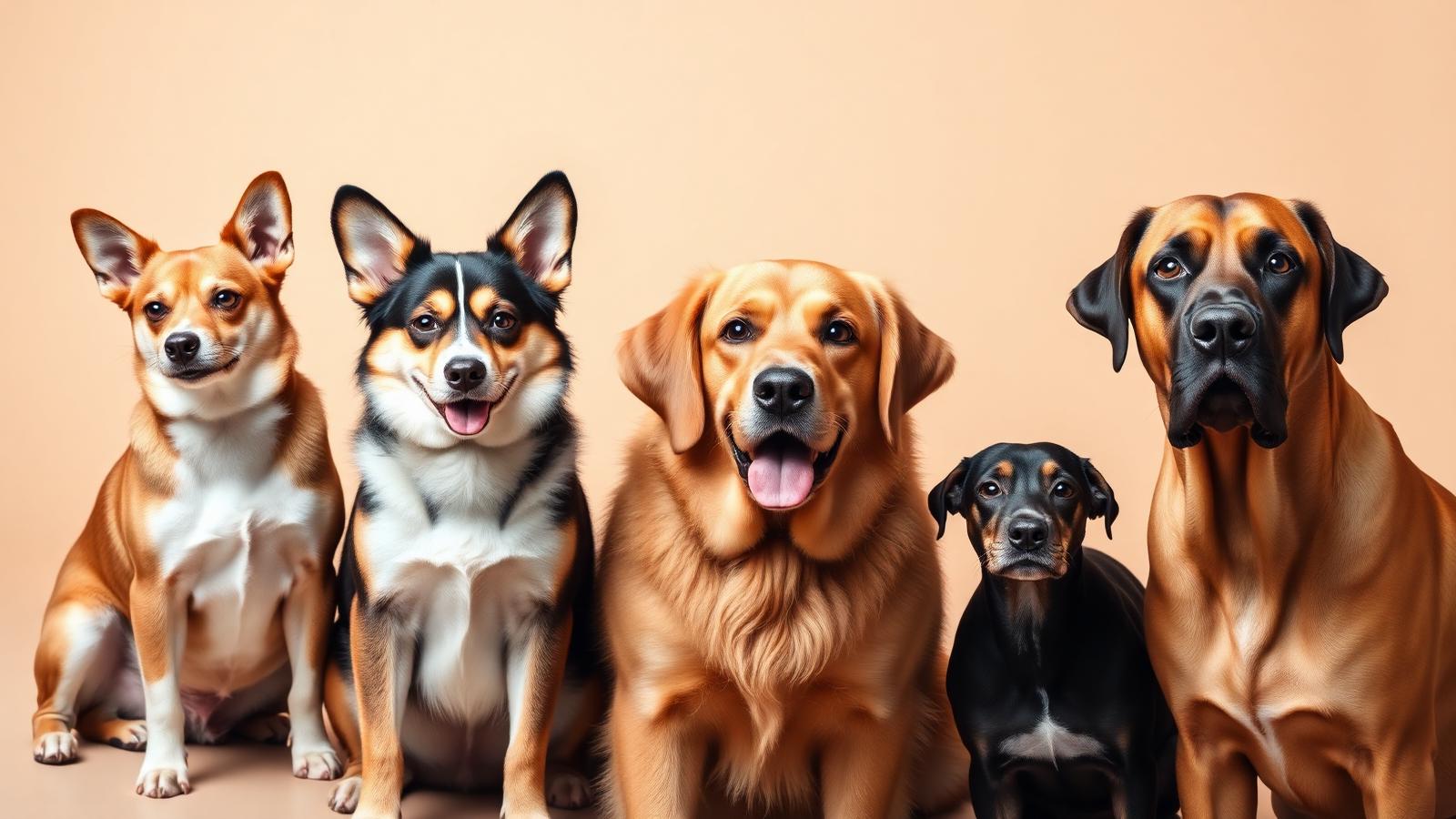 A group of dogs of varying sizes posed in a warm studio