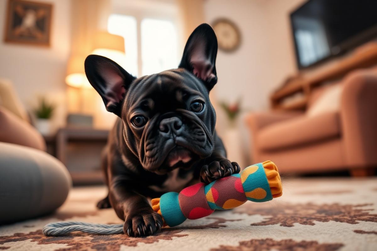 French Bulldog playing with a toy in a living room