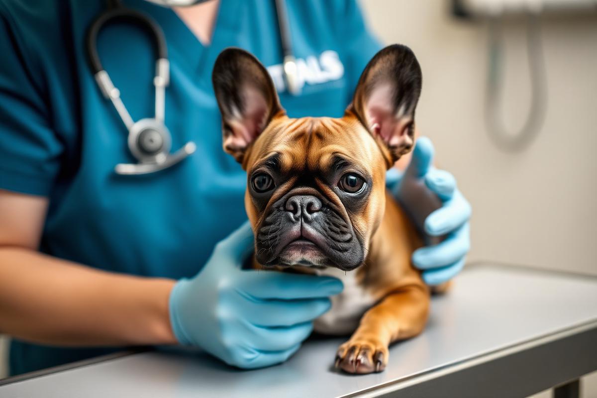 A veterinarian gently examining a French Bulldog