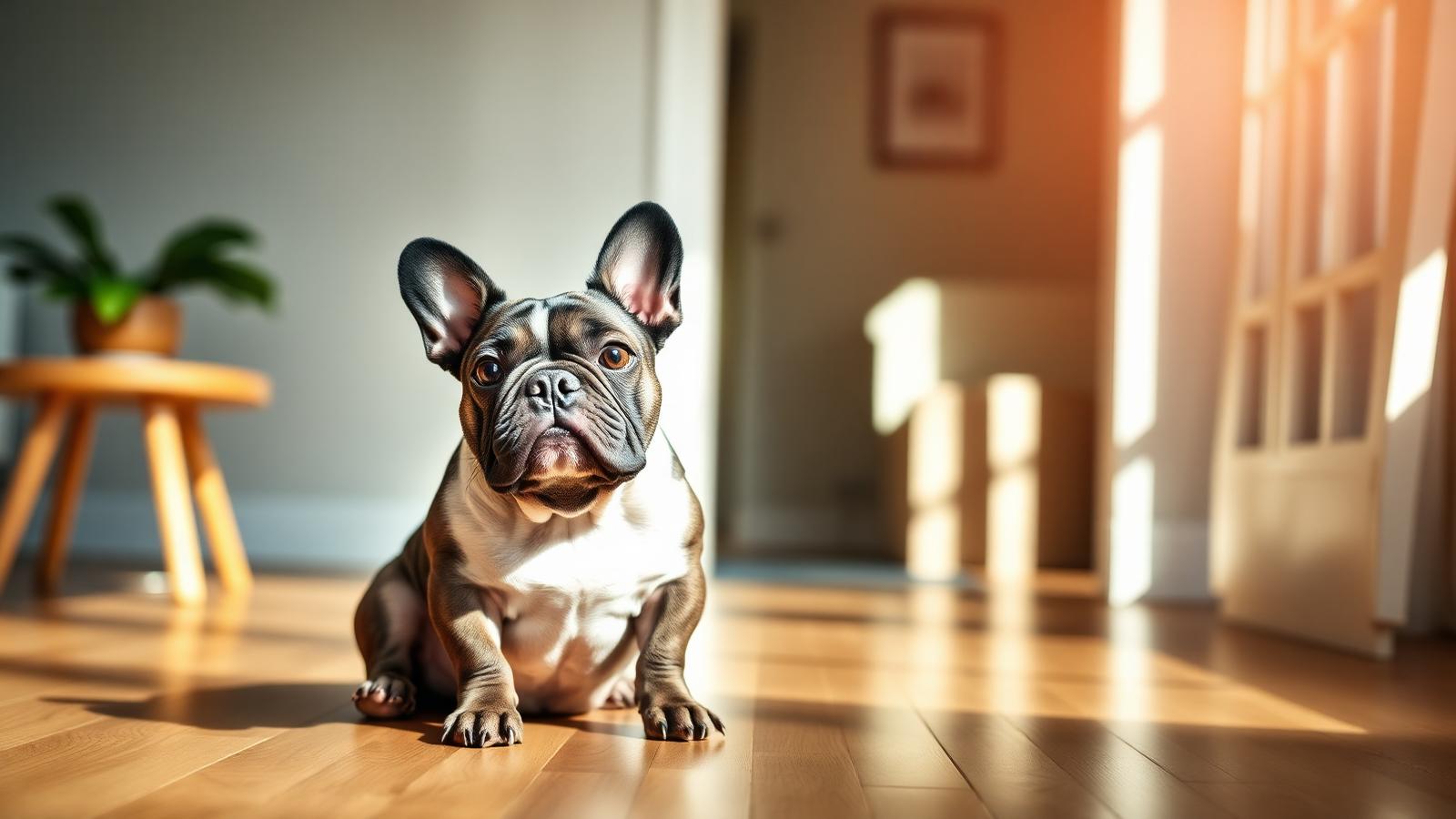 A French Bulldog sitting on a wooden floor in a sunlit home
