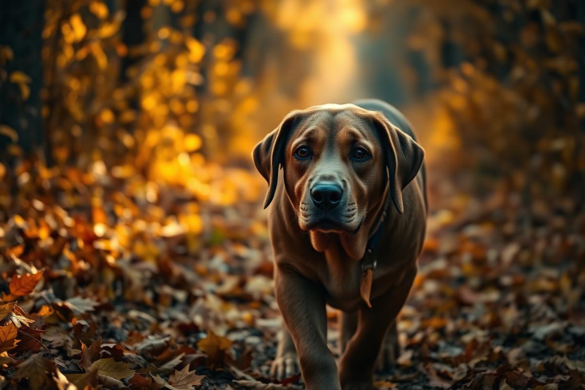 An old Labrador walking through autumn leaves