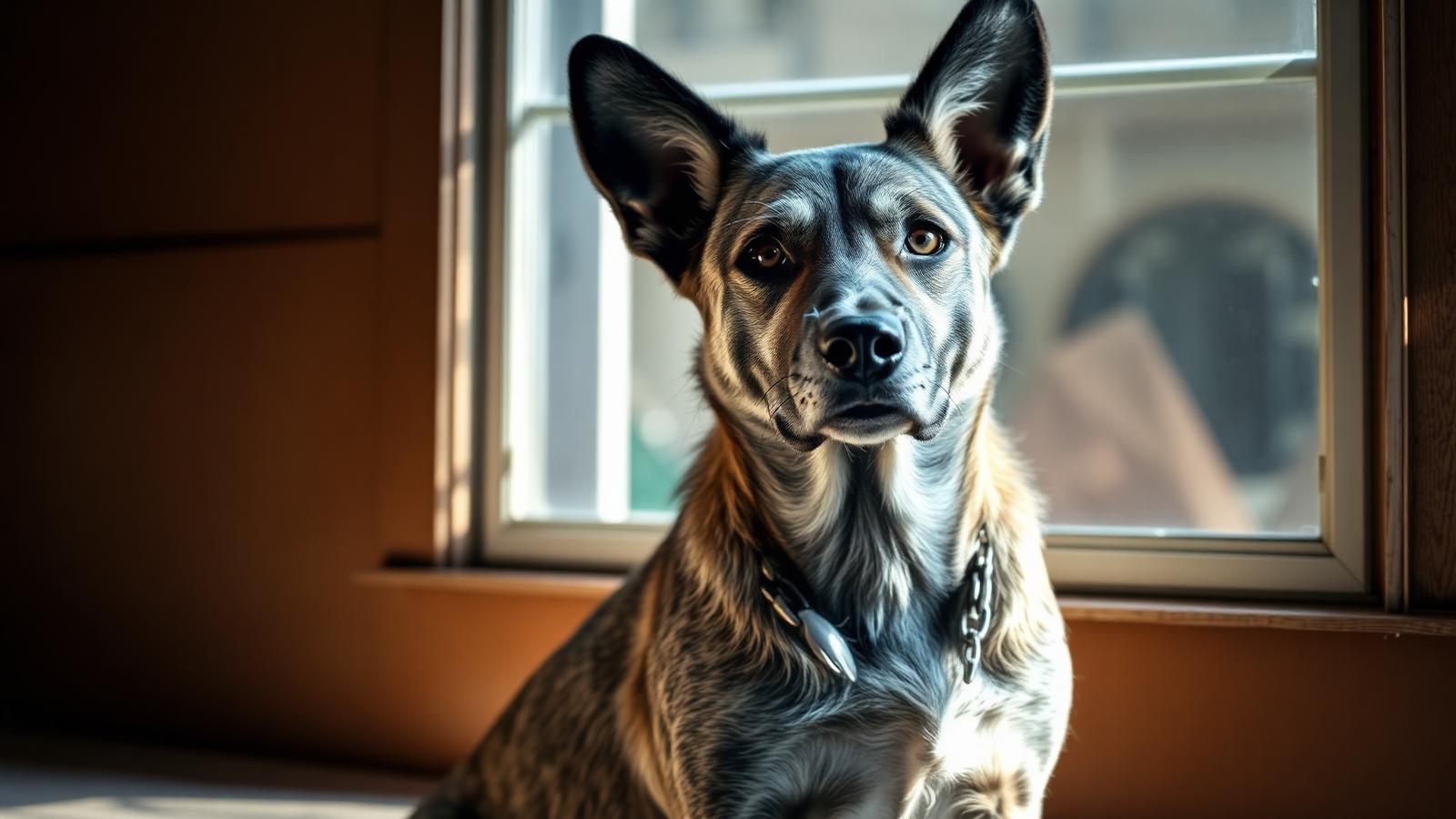 A grey-faced Australian Cattle dog sitting in soft window light