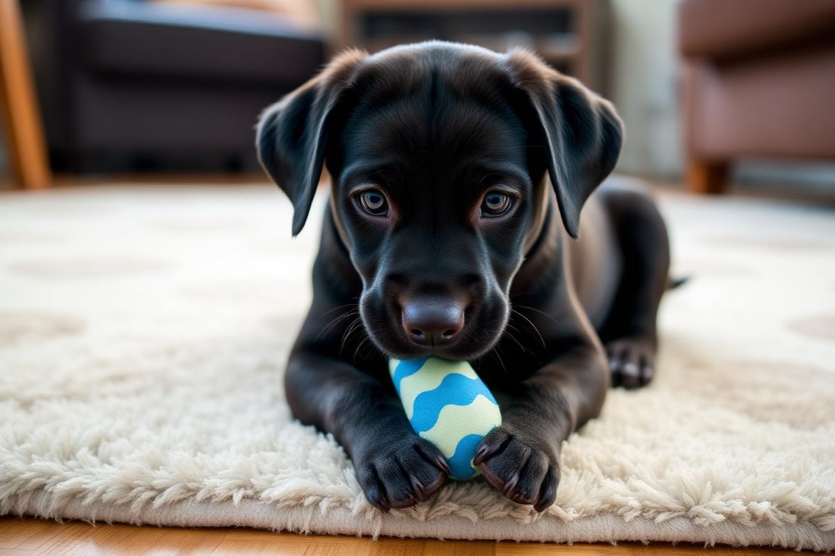 A black labrador puppy chewing a toy on a soft rug