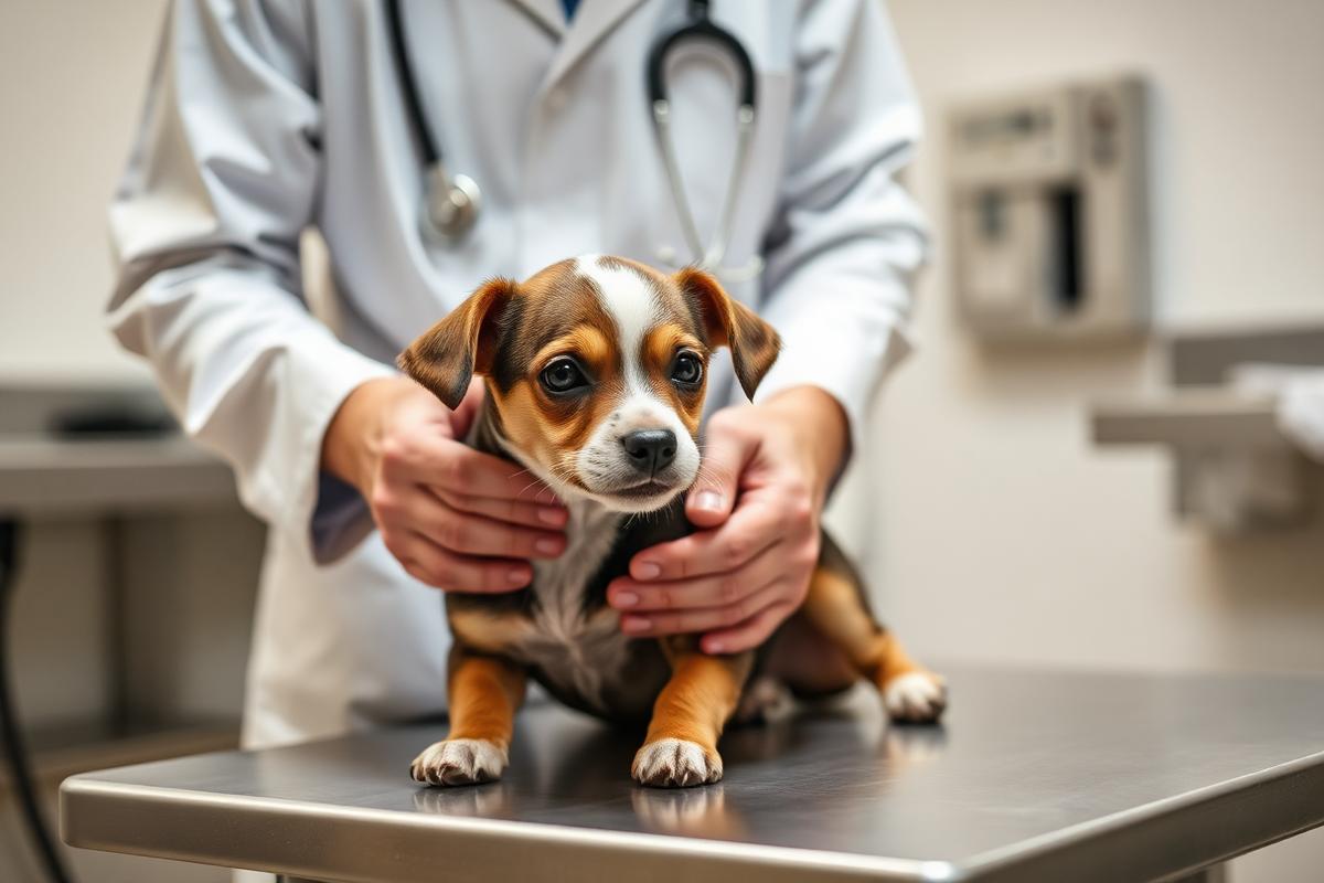 A veterinarian gently examining a young puppy on a clinic table