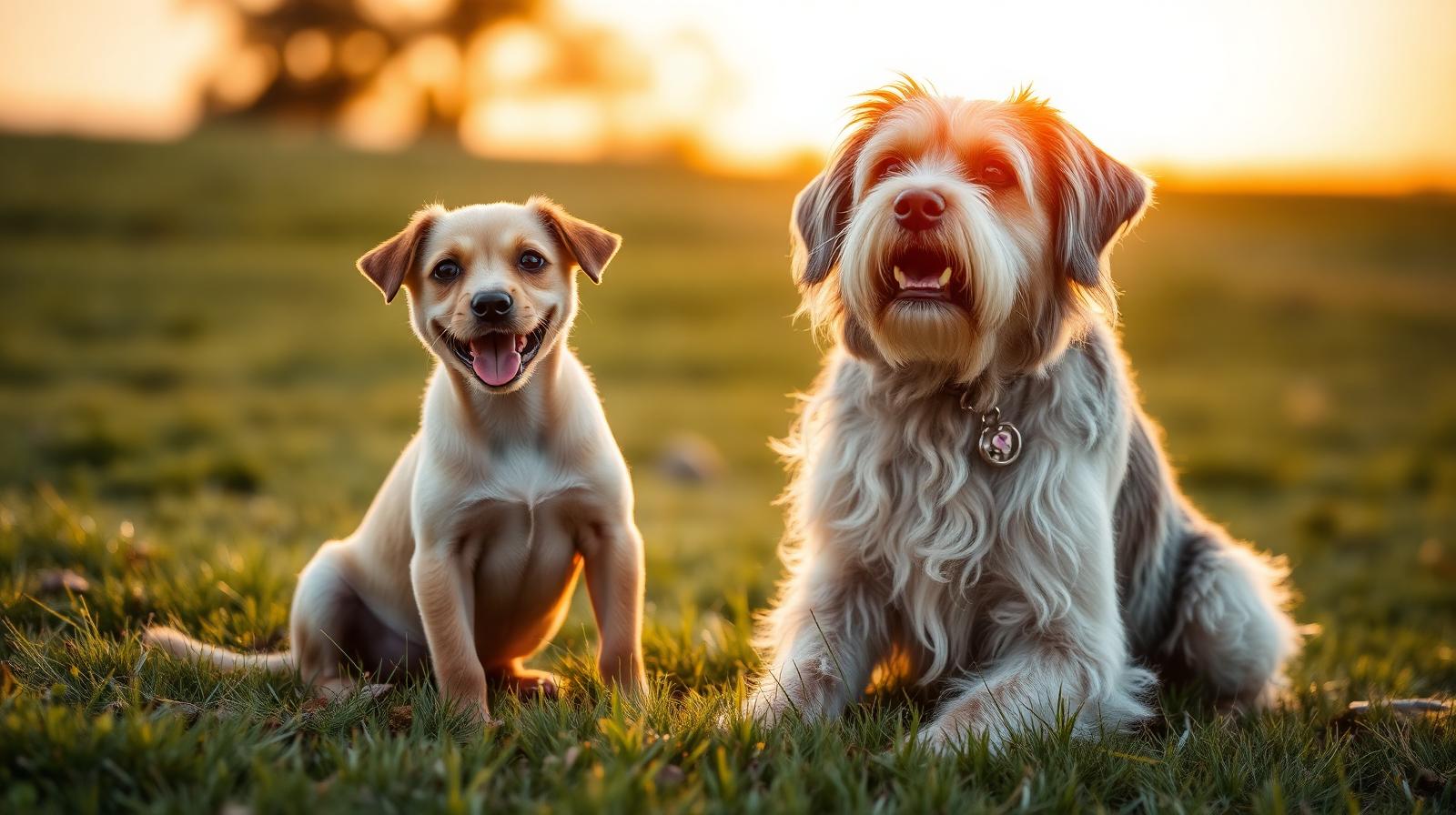 A young puppy and a senior dog sitting together in a sunlit meadow at golden hour